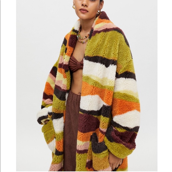 NWT UO Teddy Abstract Animal Print Striped Longline Teddy Coat - Picture 4 of 6